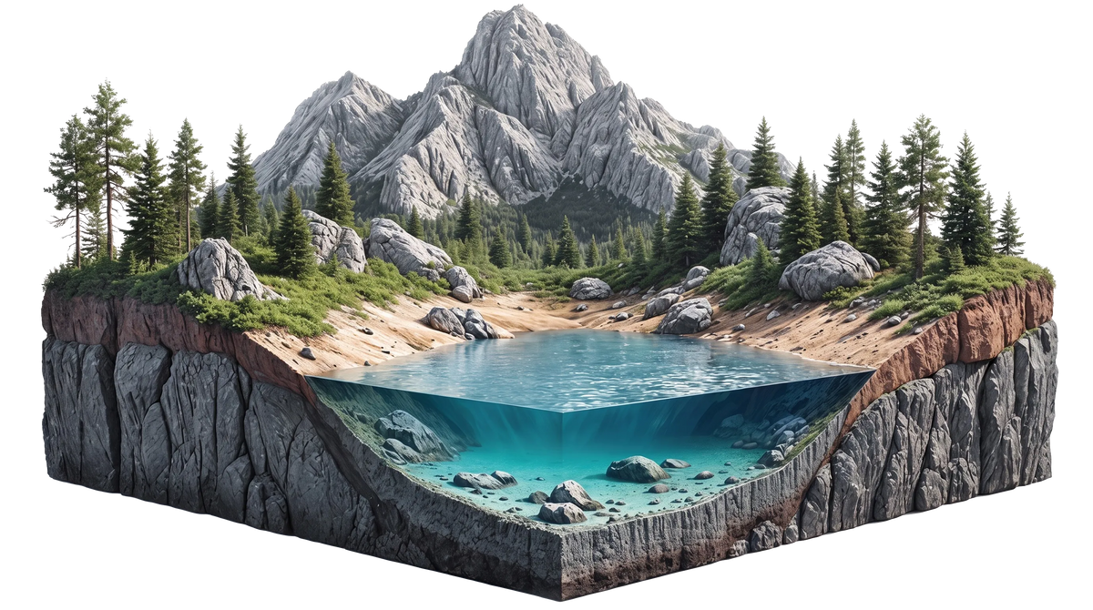 Doorsnede van een berglandschap met grondwaterlaag